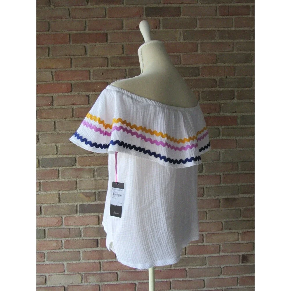 Off the Shoulder Top Womens L White Gibson x Hi Sugarplum! Santa Fe Rickrack